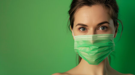 A woman wearing a face mask stands against a bright green background. The mask covers her nose and mouth, providing protection. She appears to be cautious and responsible in the midst of a pandemic.の素材