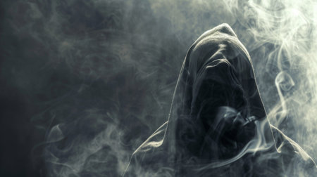 A person wearing a hood stands in a misty or foggy area. The figure is partially obscured by the thick fog surrounding them, creating an eerie and mysterious atmosphere.の素材