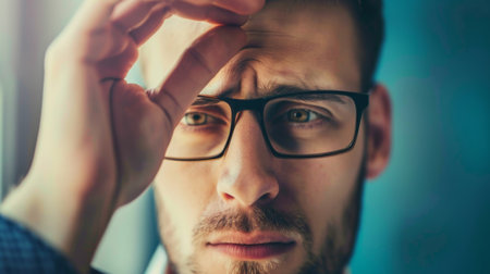 A middle-aged man with glasses looking directly into the camera. He appears to be focused and engaged, with a serious expression on his face. The mans attire is casual, and he is standing against a plain background.の素材