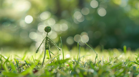 A small stick figure, depicted as a simple human-like drawing made of a stick, is standing upright in a field of grass. The figure appears stationary, with no visible movement or interaction with the environment.の素材