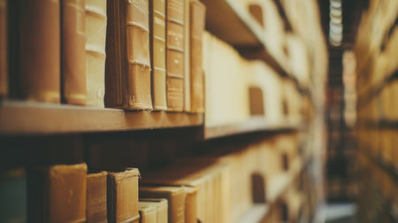 A collection of books neatly arranged on a wooden shelf, showcasing a variety of genres and sizes. The books are stacked vertically and horizontally, creating a organized display of literary works.の素材