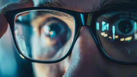 A close up of a person wearing glasses, showcasing the frame design and lens clarity. The individuals facial features are visible, highlighting the glasses as the focal point of the shot.の素材