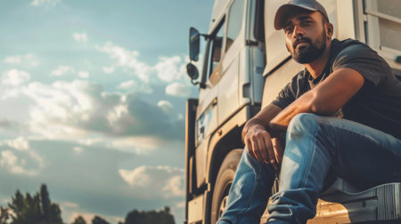 A man in casual clothing is sitting on the open back of a stationary truck, his legs dangling over the edge. He appears relaxed, with his hands resting on his knees, overlooking the surroundings.の素材