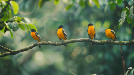 Multiple birds of various colors and sizes are perched together on a thin tree branch, balancing gracefully. They seem to be resting or observing their surroundings while displaying their vibrant plumage.の素材
