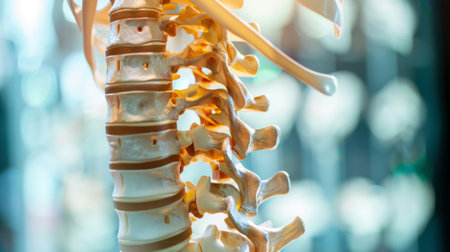 A detailed view of the back of a human skeleton, showing the intricate structure of bones, vertebrae, and ribs. The spine extends upwards from the pelvis, with the scapulae and clavicles visible on either side.の素材