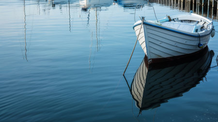 A line of boats float gently on the calm water, their reflections mirroring in the surface. Each boat sways slightly with the gentle currents as they wait for their next adventure on the water.の素材