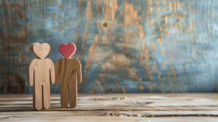 Two wooden figures, resembling human forms, are positioned side by side in a standing posture. The figures are evenly spaced and appear to be interacting with each other in a static pose.の素材