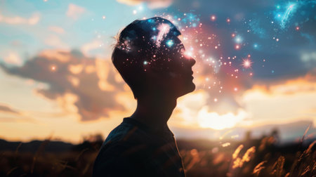 A person is standing in a vast field, looking up at the sky filled with twinkling stars. The night is clear, offering an unobstructed view of the sparkling celestial bodies above.の素材