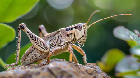 A detailed view of a grasshopper perched on a textured rock, showcasing its intricate body structure and antennae. The insect appears to be still, possibly basking in the sunlight on the rocky surface.の素材