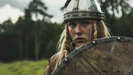 A woman wearing a helmet is seen holding a sturdy wooden shield, preparing for battle or combat. She appears determined and ready to defend herself from potential threats.の素材