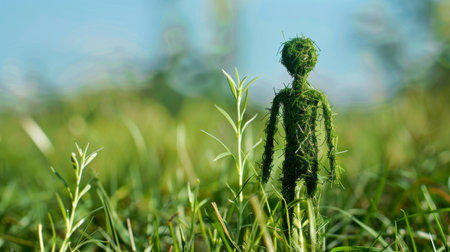 A small green man is standing in a field of tall grass. He is surrounded by the lush greenery, blending into his environment effortlessly.の素材