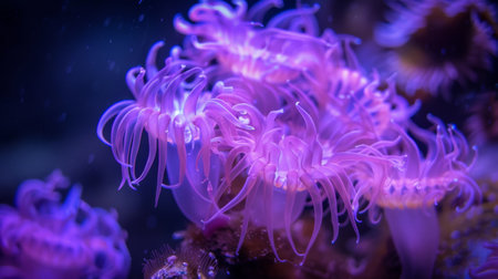 A detailed view of a vibrant purple sea anemone, showcasing its tentacles and oral disc. The sea creature is firmly anchored to a rocky surface in the ocean, waiting for prey to pass by.の素材
