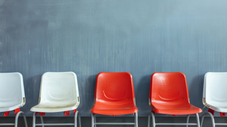 A neat row of red and white chairs is arranged against a vibrant blue wall. The chairs are evenly spaced out and create a striking contrast against the backdrop of the wall.の素材