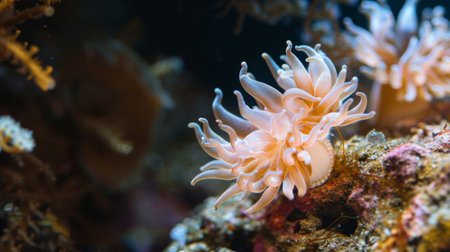 Multiple sea anemones are clustered together on top of a coral structure in the ocean. The sea anemones display their colorful tentacles while staying firmly attached to the coral.の素材