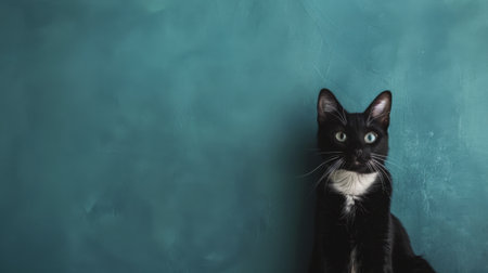 A black and white cat is sitting in front of a blue wall. The cats ears are perked up, and its tail is wrapped around its body. The wall provides a stark contrast to the cats fur.の素材