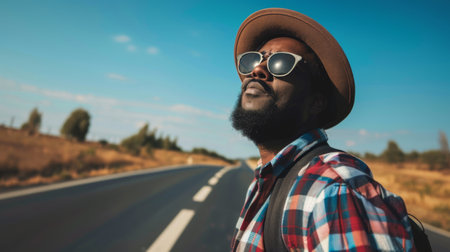 A man wearing a hat and sunglasses standing casually on the side of a road, looking ahead. The road stretches into the distance under a clear sky.の素材