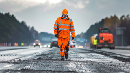 A man wearing an orange safety suit is walking down a road. The road is straight and surrounded by green fields. The man appears focused and determined as he moves forward.の素材