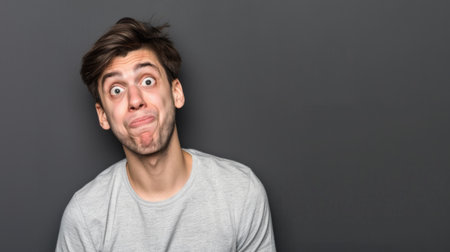 A man is playfully sticking out his tongue and making a funny face, showcasing a light-hearted and silly expression. His expression is exaggerated and comical, adding a sense of humor to the scene.の素材