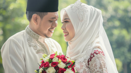 A man and a woman are elegantly dressed in wedding attire, posing for a photograph. The groom wears a classic tuxedo, while the bride is in a beautiful white gown. They are standing together, smiling happily.の素材