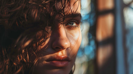 A close-up view of a person with damp hair not entirely dry yet, possibly after a shower or swimming. The hair appears wet and clings to the head and neck.の素材