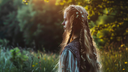 A woman with long hair stands in a vast green field under a clear blue sky. She gazes into the distance with a serene expression, surrounded by tall grasses and wildflowers swaying in the breeze.の素材