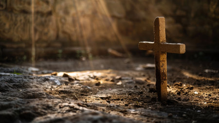 A wooden cross stands upright atop a vast dirt field under the open sky. The stark contrast of man-made structure against natural landscape creates a striking visual.の素材