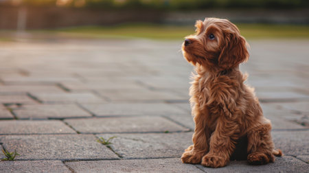 A small brown dog is seen sitting on top of a sidewalk, looking attentively at its surroundings. The dog appears calm and content in its outdoor environment.の素材