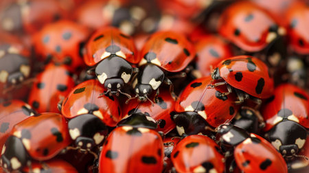 A stack of red and black ladybugs piled on top of each other, showcasing their vibrant colors and unique patterns in a close group.の素材