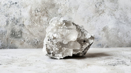 A rock is placed on a flat wooden table, sitting still in the center. The rock is grey and has a rough texture, contrasting with the smooth surface of the table.の素材