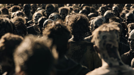 A sizeable crowd of individuals covered in blood, with red stains on their clothes and skin. The scene depicts a chaotic and possibly violent situation where the people have been affected by blood.の素材