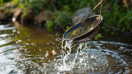 A fishing net is visible in the center of a flowing river, capturing fish as they swim by. The net is strategically placed to trap fish for the fisherman to harvest.の素材