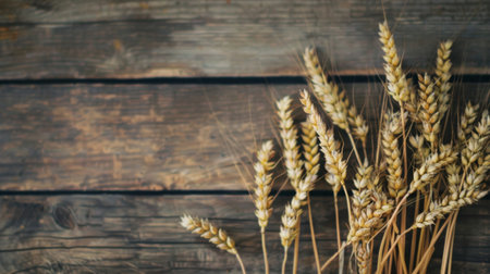 A cluster of wheat stalks arranged neatly on a simple wooden table. The golden wheat stands out against the rustic texture of the table, creating a striking visual contrast.の素材