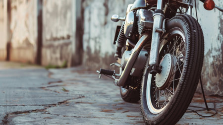 A motorcycle is parked next to a vibrant graffiti-covered wall. The wall features colorful street art, while the motorcycle stands out against the urban backdrop.の素材
