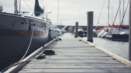 A boat is securely moored at a busy dock, surrounded by various other boats. The scene shows a bustling maritime environment with vessels of different sizes and designs.の素材