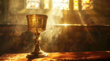A golden chalice is placed on top of a sturdy wooden table. The chalice gleams under the light, contrasting with the dark wood of the table.の素材