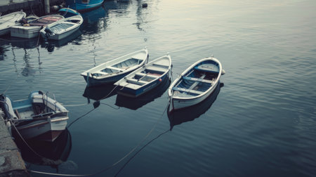 Multiple boats float on the water, with varying sizes and styles. They are peacefully drifting along, reflecting the sunlight on the calm surface of the body of water.の素材