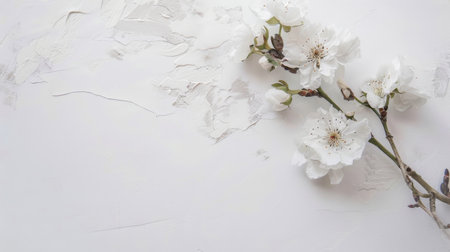 A branch with delicate white flowers is elegantly displayed against a clean white backdrop. The blossoms exude purity in their simple beauty, creating a serene and minimalist composition.の素材