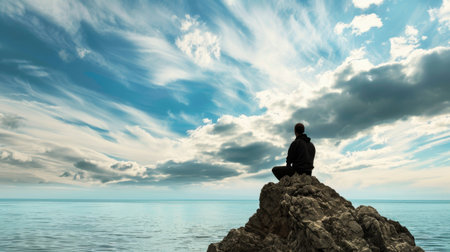 A man is seated on a large rock, located in the center of the vast ocean. The man is positioned on top of the rock, surrounded by the endless expanse of water.の素材