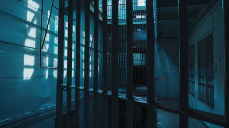 The jail cell is enclosed by thick steel bars, with additional bars on the walls for security. The space is limited, with no windows, offering a stark environment typical of prison settings.の素材
