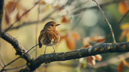 A small bird with colorful feathers is perched on a tree branch, looking around its surroundings. The bird appears alert and ready to take flight at any moment.の素材
