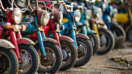 A row of motorcycles parked closely next to each other in an organized manner. The motorcycles are stationary and lined up neatly in a row, creating a symmetrical pattern.の素材