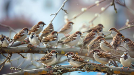 A group of birds, known as a flock, are perched on a tree branch. The birds are calmly resting and observing their surroundings. Their feathers ruffle slightly in the wind as they communicate with each other through chirps and calls.の素材