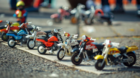 A row of colorful toy motorcycles neatly lined up on top of a concrete sidewalk. The small plastic vehicles are stationary, creating a playful and organized scene.の素材