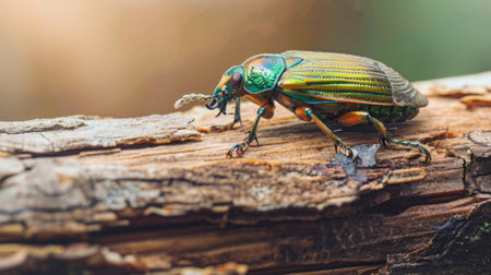 A close-up view of a beetle crawling on a piece of wood, showcasing its intricate exoskeleton and antenna. The beetle appears to be searching for food or shelter on the rough surface of the wood.の素材