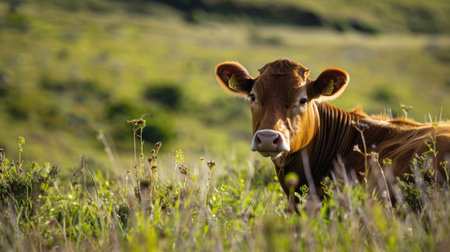 A brown cow is standing on top of a vibrant, lush green field in a rural setting. The cow is peacefully grazing on the grass as the sun shines down on the scene.の素材