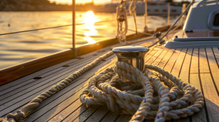 A detailed view of a sturdy rope on a boats deck, showing intricate twists and knots. The rope is taut, securing the boat to the dock, with water visible in the background.の素材