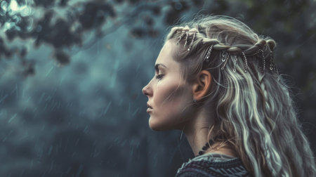A woman with long hair stands under the rain, her hair drenched and clinging to her face and shoulders. She appears unfazed by the downpour, with raindrops falling around her.の素材