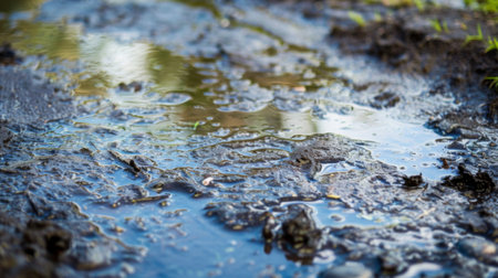 This close-up view showcases a clear puddle of water in the foreground, reflecting the surrounding green grass in the background. The water forms a mirror-like surface, capturing the details of the grass blades and creating a serene composition.の素材
