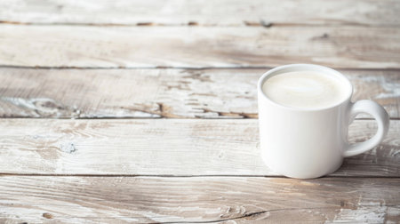 A freshly brewed cup of coffee is placed on top of a sturdy wooden table, with the steam gently rising from its surface. The warm beverage creates a cozy atmosphere in the room.の素材