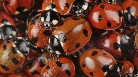 A pile of red and black ladybugs stacked on top of each other. The ladybugs are clustered closely together, creating a vibrant and striking image.の素材